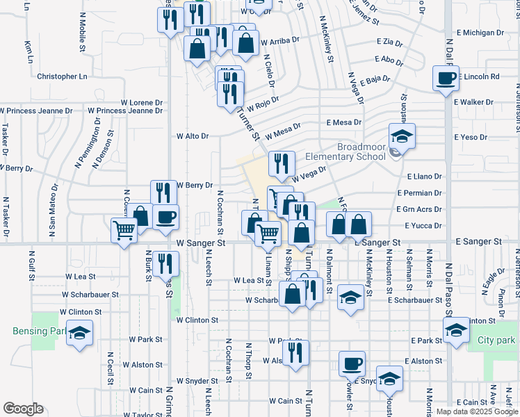 map of restaurants, bars, coffee shops, grocery stores, and more near 1218 North Thorp Street in Hobbs