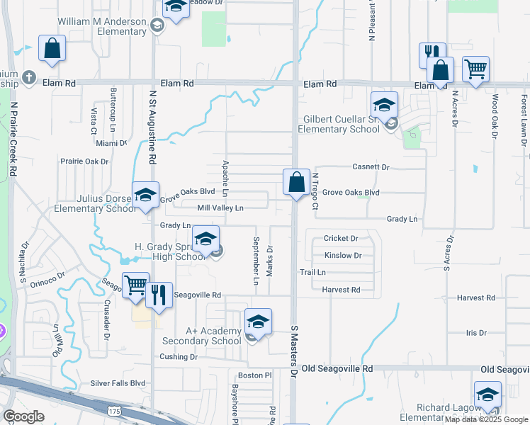 map of restaurants, bars, coffee shops, grocery stores, and more near 10030 Mill Valley Lane in Dallas