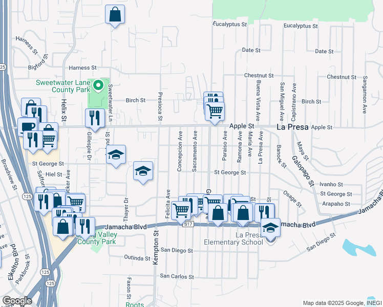 map of restaurants, bars, coffee shops, grocery stores, and more near 846 Sacramento Avenue in Spring Valley