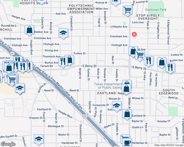 map of restaurants, bars, coffee shops, grocery stores, and more near 5153 East Berry Street in Fort Worth