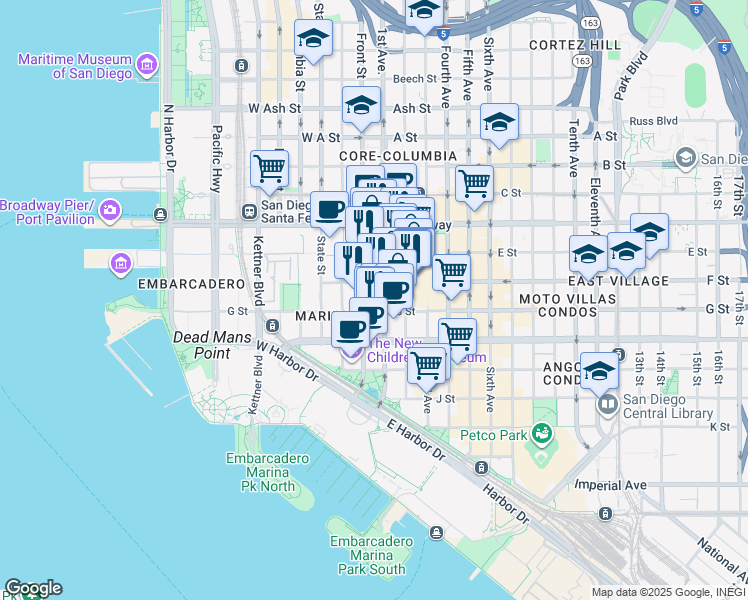 map of restaurants, bars, coffee shops, grocery stores, and more near 777 Front Street in San Diego