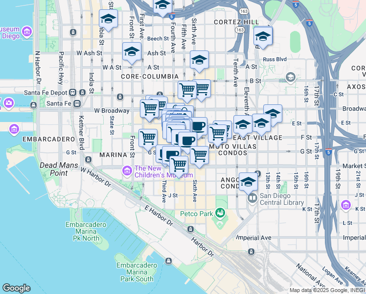 map of restaurants, bars, coffee shops, grocery stores, and more near in San Diego