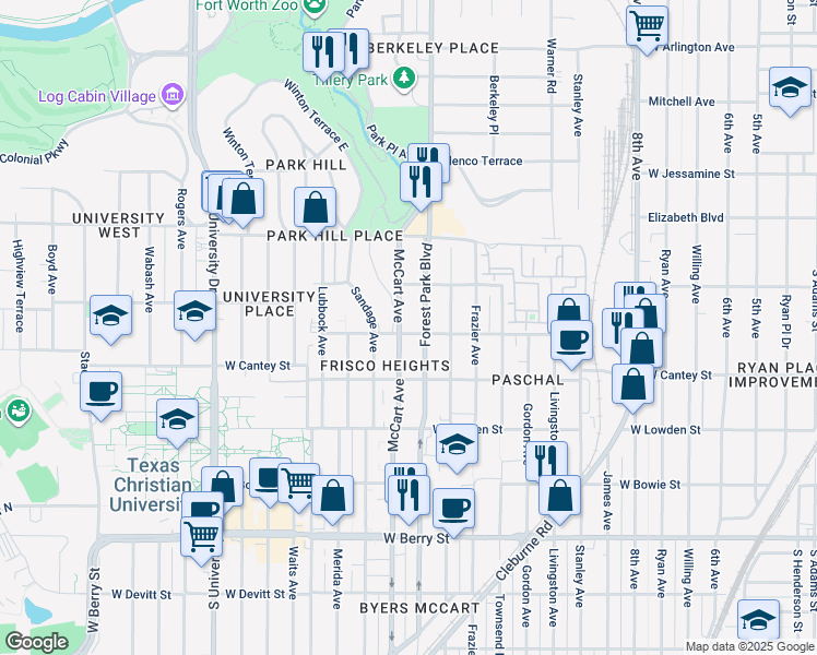 map of restaurants, bars, coffee shops, grocery stores, and more near 2643 McCart Avenue in Fort Worth