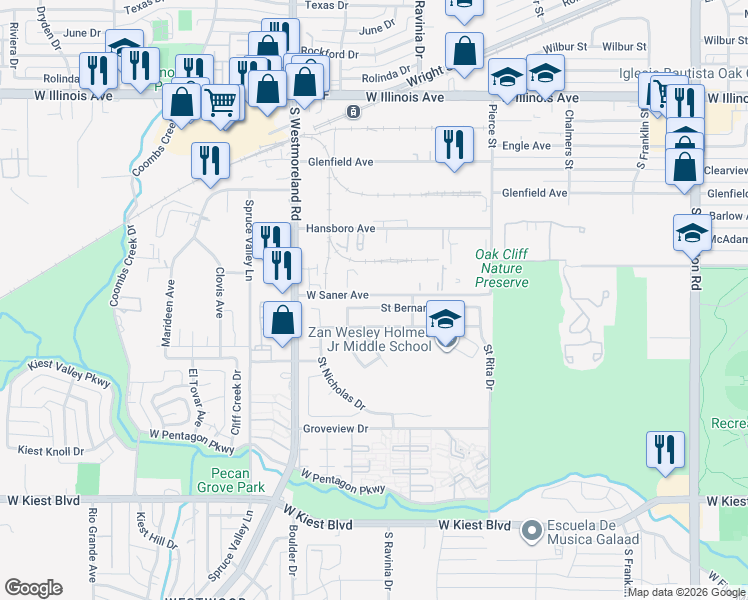 map of restaurants, bars, coffee shops, grocery stores, and more near 2943 Saint Bernard Drive in Dallas