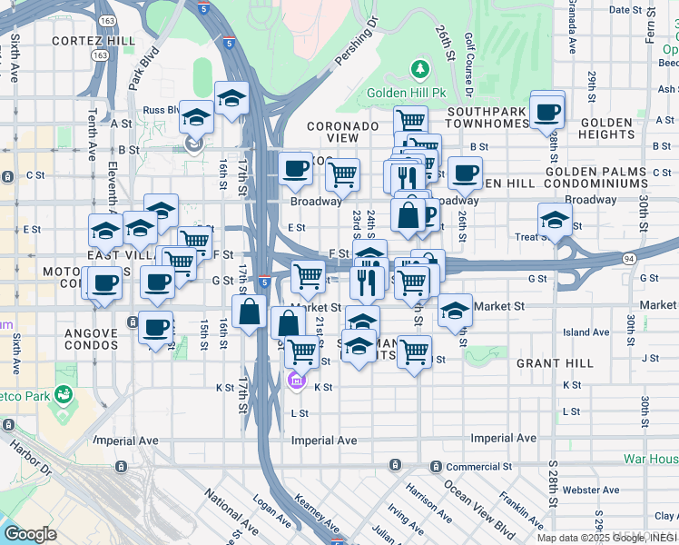 map of restaurants, bars, coffee shops, grocery stores, and more near 726 22nd Street in San Diego