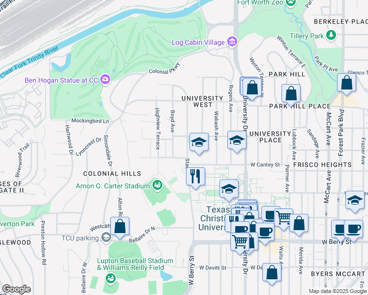 map of restaurants, bars, coffee shops, grocery stores, and more near 2618 Stadium Drive in Fort Worth