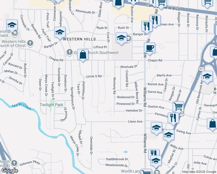 map of restaurants, bars, coffee shops, grocery stores, and more near 3913 Brookdale Road in Benbrook
