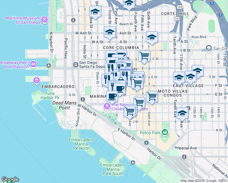 map of restaurants, bars, coffee shops, grocery stores, and more near 777 Front Street in San Diego