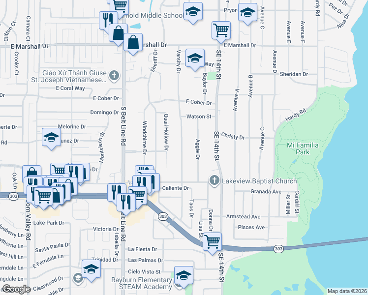 map of restaurants, bars, coffee shops, grocery stores, and more near 2226 Varsity Drive in Grand Prairie
