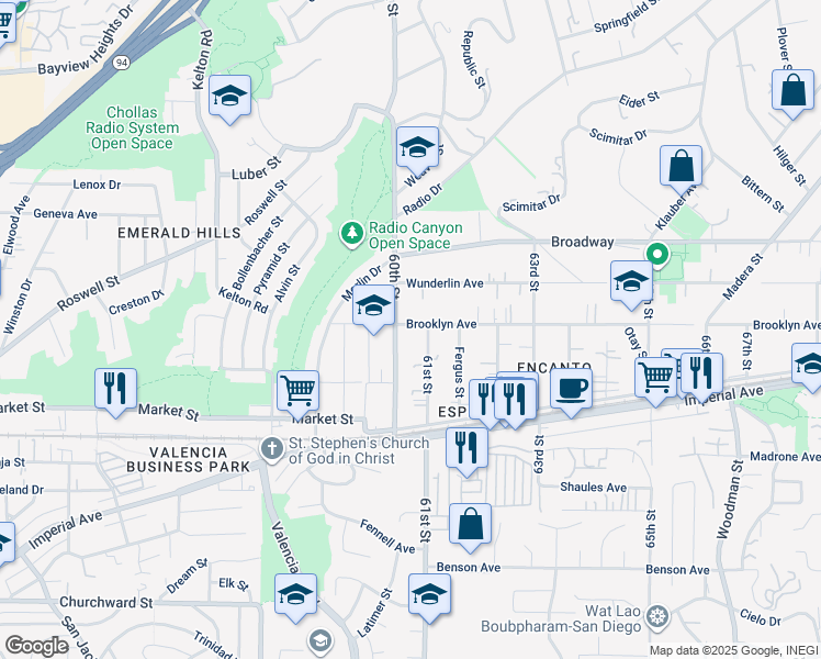 map of restaurants, bars, coffee shops, grocery stores, and more near 6026 Brooklyn Avenue in San Diego