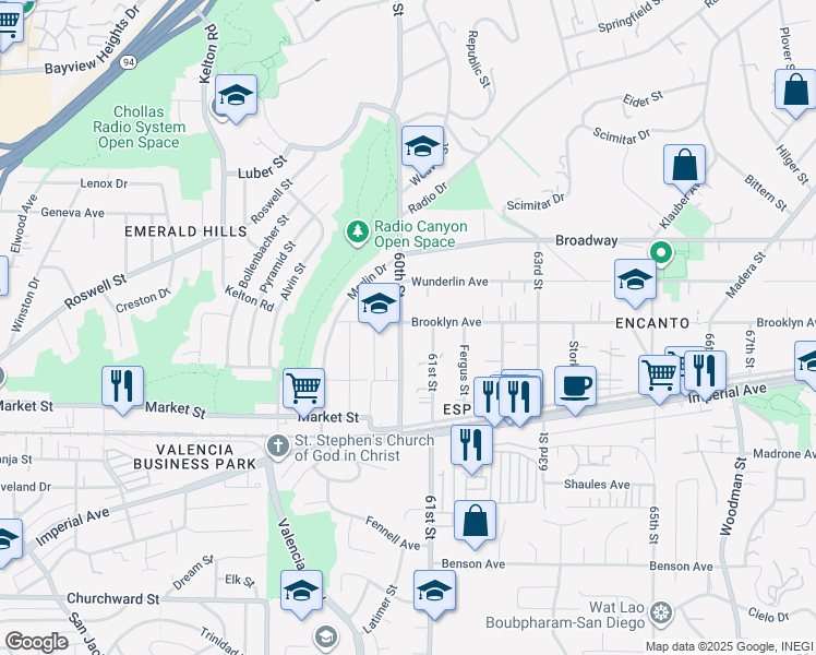 map of restaurants, bars, coffee shops, grocery stores, and more near 6026 Brooklyn Avenue in San Diego