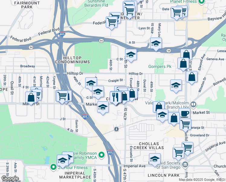 map of restaurants, bars, coffee shops, grocery stores, and more near 4575 F Street in San Diego