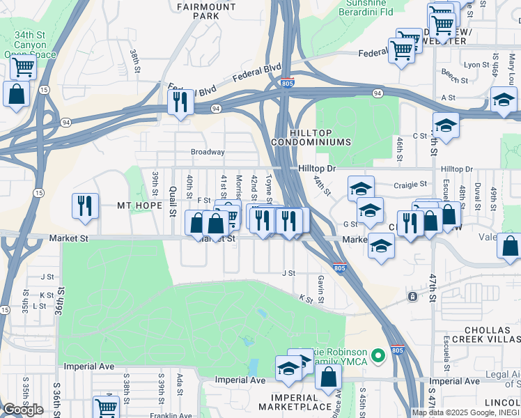 map of restaurants, bars, coffee shops, grocery stores, and more near 802 42nd Street in San Diego
