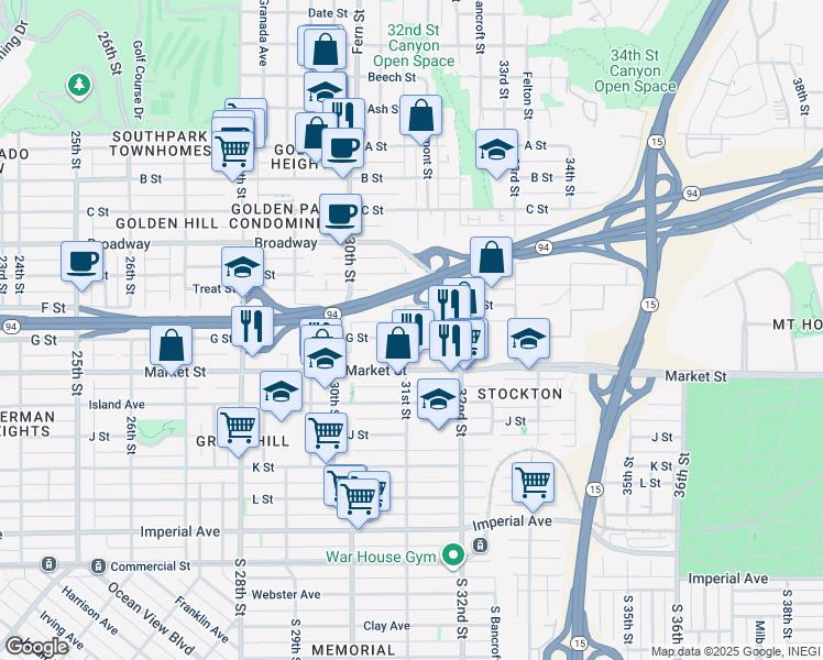 map of restaurants, bars, coffee shops, grocery stores, and more near in San Diego