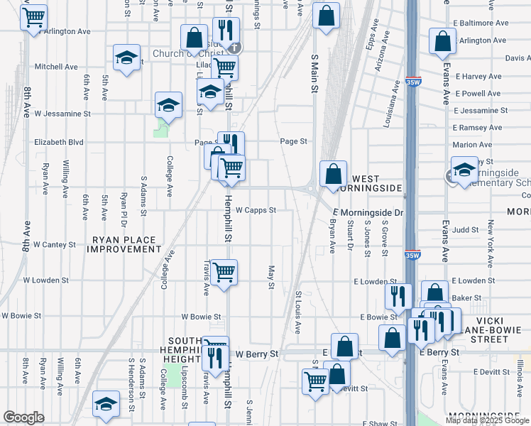 map of restaurants, bars, coffee shops, grocery stores, and more near 2621 May Street in Fort Worth