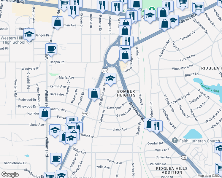 map of restaurants, bars, coffee shops, grocery stores, and more near 3900-3948 Fairfax Street in Fort Worth