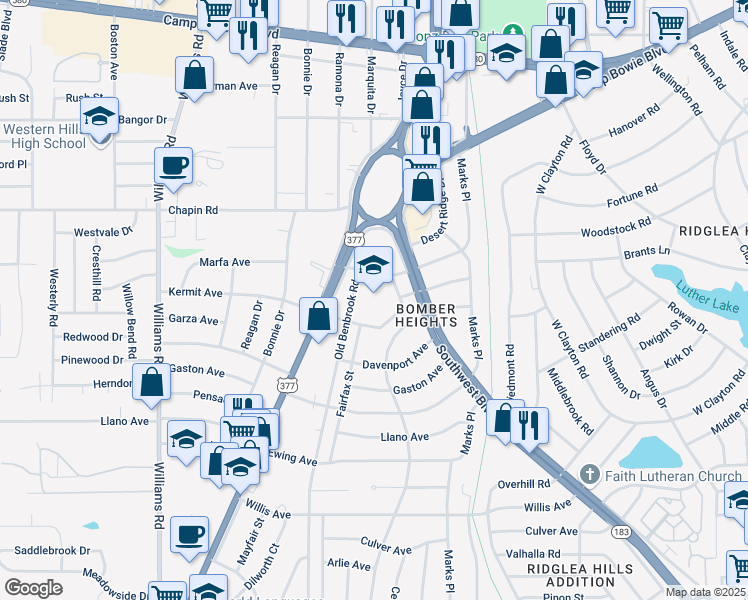 map of restaurants, bars, coffee shops, grocery stores, and more near 7325 Kermit Avenue in Fort Worth