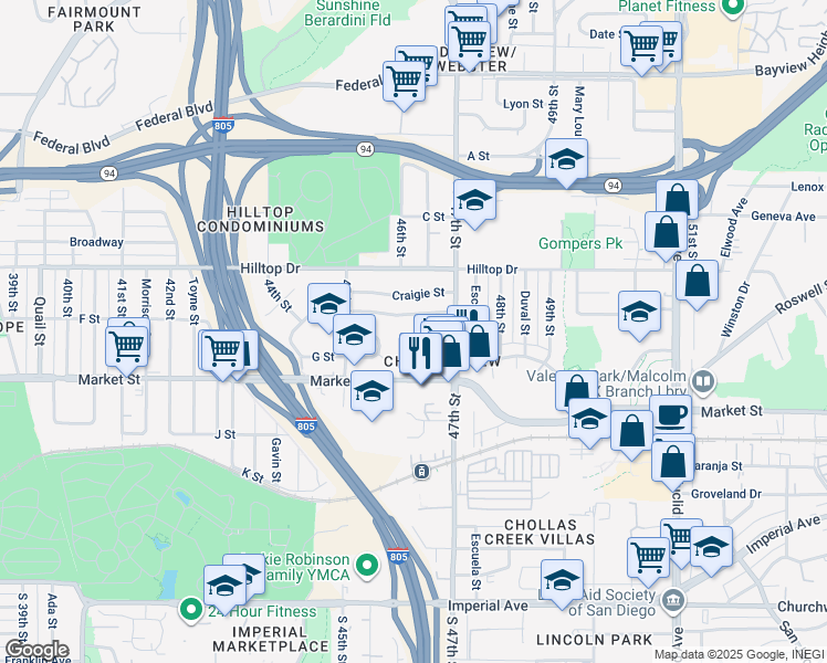 map of restaurants, bars, coffee shops, grocery stores, and more near 4657 F Street in San Diego