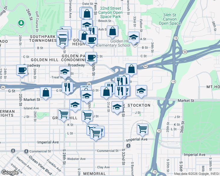 map of restaurants, bars, coffee shops, grocery stores, and more near in San Diego