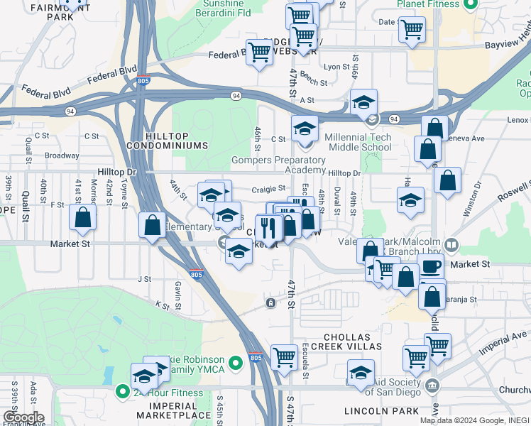 map of restaurants, bars, coffee shops, grocery stores, and more near 740 Cotton Street in San Diego