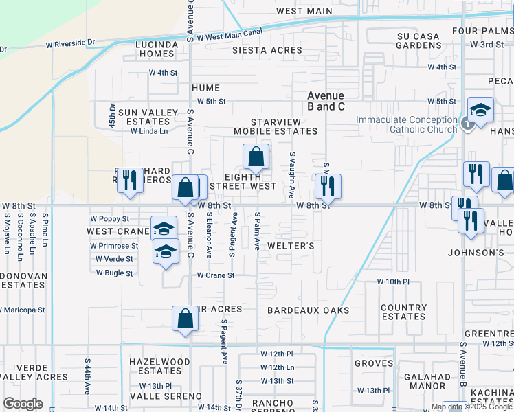 map of restaurants, bars, coffee shops, grocery stores, and more near 3605 West 8th Street in Yuma
