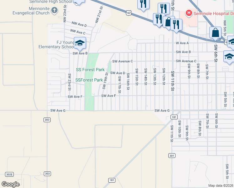 map of restaurants, bars, coffee shops, grocery stores, and more near 504 SW 17th St in Seminole