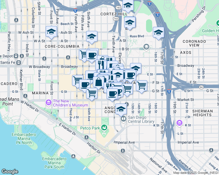map of restaurants, bars, coffee shops, grocery stores, and more near in San Diego