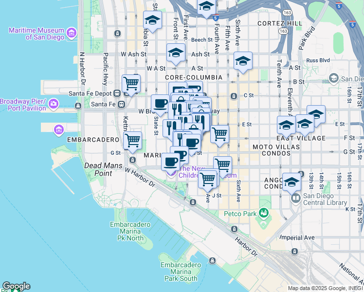 map of restaurants, bars, coffee shops, grocery stores, and more near 203 West F Street in San Diego
