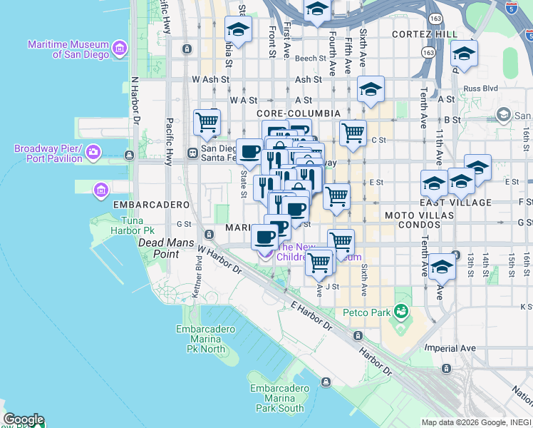 map of restaurants, bars, coffee shops, grocery stores, and more near in San Diego