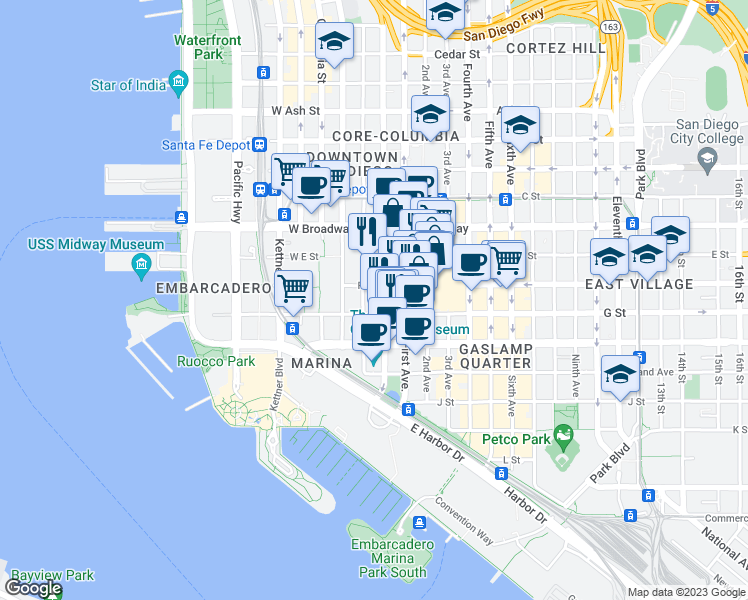 map of restaurants, bars, coffee shops, grocery stores, and more near 203 West F Street in San Diego