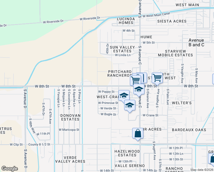 map of restaurants, bars, coffee shops, grocery stores, and more near 4307 West 8th Street in Yuma