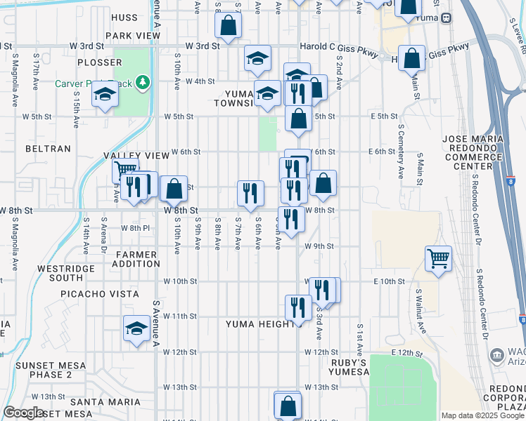 map of restaurants, bars, coffee shops, grocery stores, and more near 577 West 8th Street in Yuma