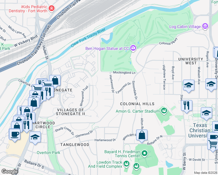 map of restaurants, bars, coffee shops, grocery stores, and more near 2625 Hartwood Drive in Fort Worth
