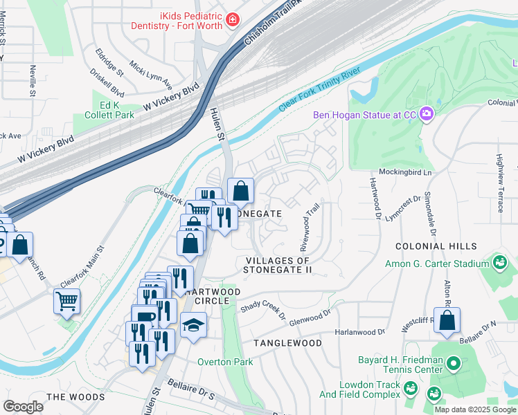 map of restaurants, bars, coffee shops, grocery stores, and more near 2450 Oak Hill Circle in Fort Worth