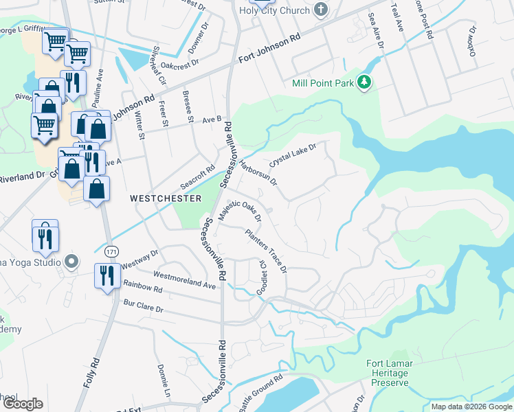 map of restaurants, bars, coffee shops, grocery stores, and more near 1445 Swamp Angel Court in Charleston