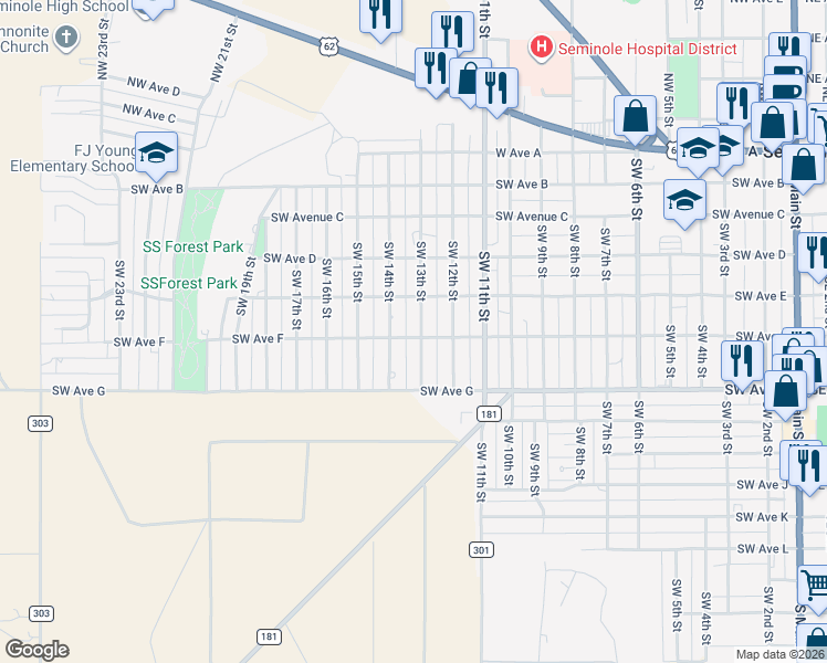 map of restaurants, bars, coffee shops, grocery stores, and more near 504 Southwest 13th Street in Seminole
