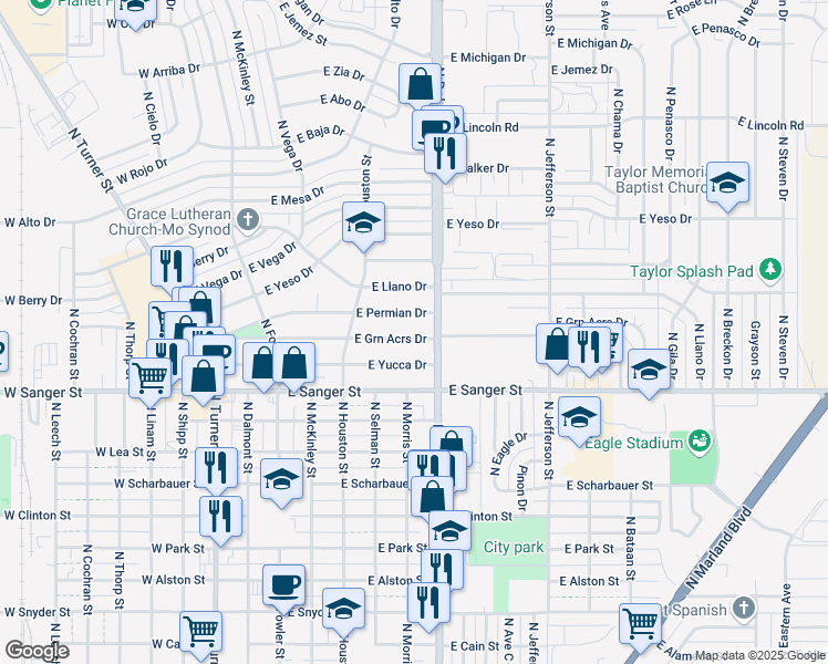 map of restaurants, bars, coffee shops, grocery stores, and more near 725 East Permian Drive in Hobbs