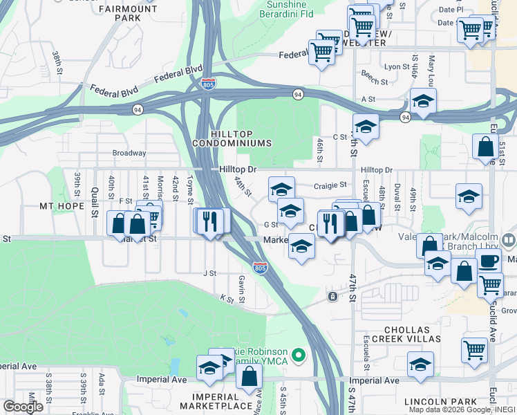 map of restaurants, bars, coffee shops, grocery stores, and more near 737-41 44th Street in San Diego