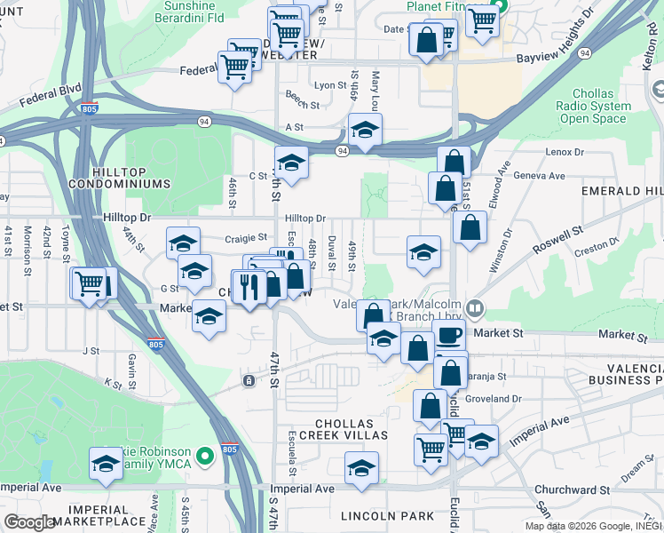 map of restaurants, bars, coffee shops, grocery stores, and more near 755-57 48th Street in San Diego