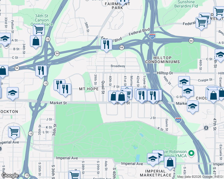 map of restaurants, bars, coffee shops, grocery stores, and more near 804 Raven Street in San Diego