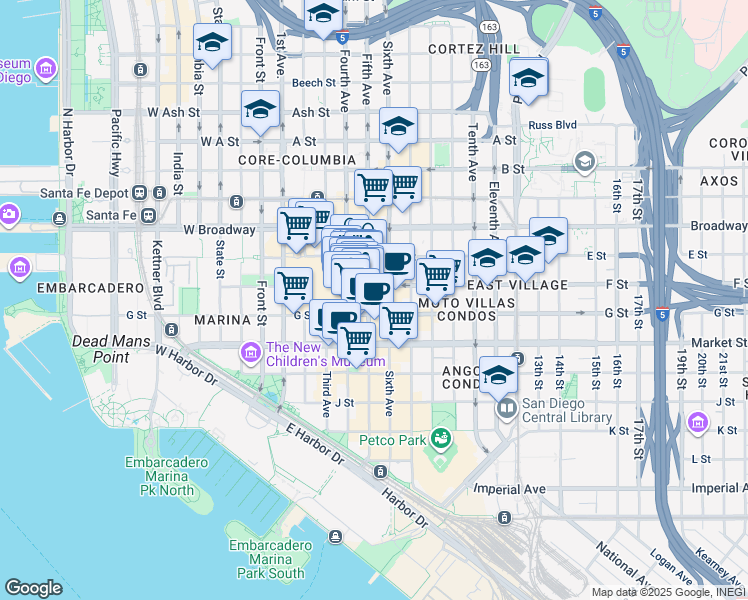 map of restaurants, bars, coffee shops, grocery stores, and more near in San Diego