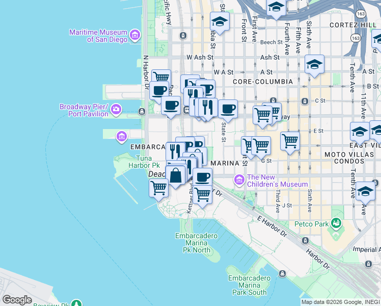 map of restaurants, bars, coffee shops, grocery stores, and more near 706 Kettner Boulevard in San Diego