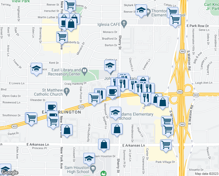 map of restaurants, bars, coffee shops, grocery stores, and more near 2000 Wilcrest Drive in Arlington
