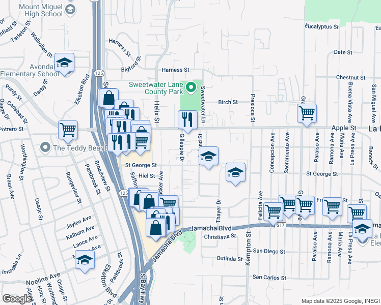 map of restaurants, bars, coffee shops, grocery stores, and more near 1050 Leland Street in Spring Valley