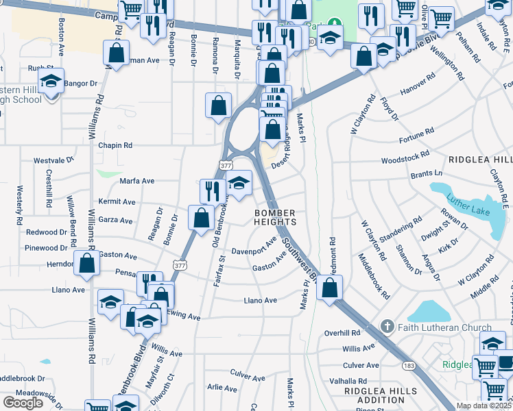 map of restaurants, bars, coffee shops, grocery stores, and more near 3948 Fairfax Street in Fort Worth