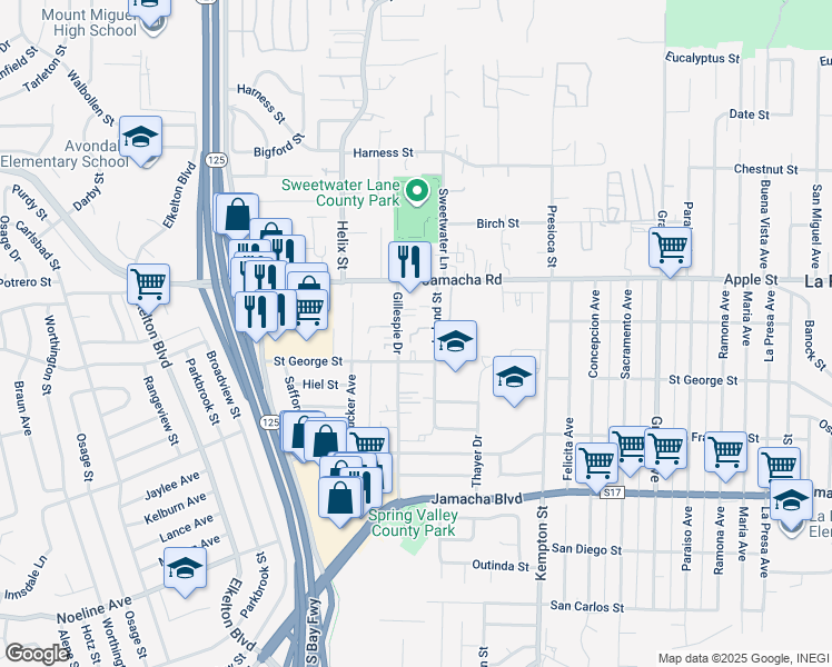 map of restaurants, bars, coffee shops, grocery stores, and more near in Spring Valley