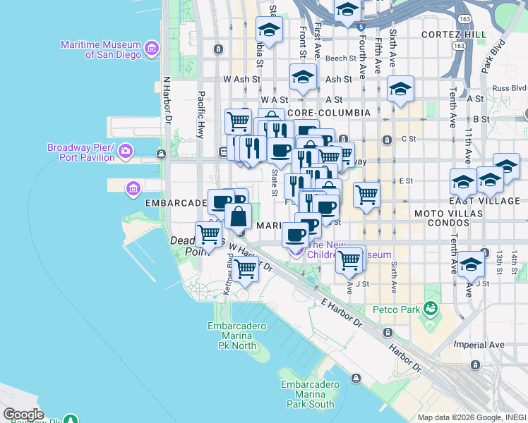 map of restaurants, bars, coffee shops, grocery stores, and more near 550 West G Street in San Diego