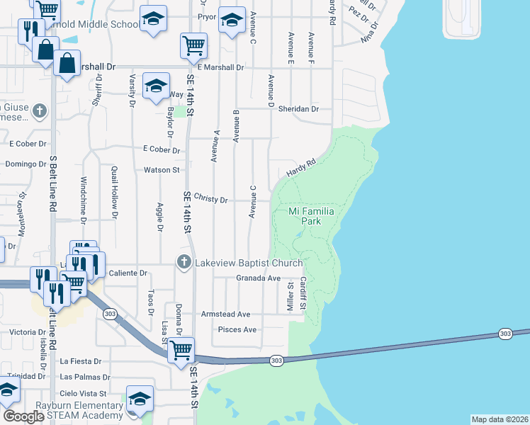 map of restaurants, bars, coffee shops, grocery stores, and more near 2201 Hardy Road in Grand Prairie