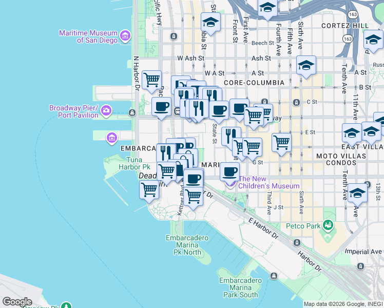 map of restaurants, bars, coffee shops, grocery stores, and more near 701 Kettner Boulevard in San Diego