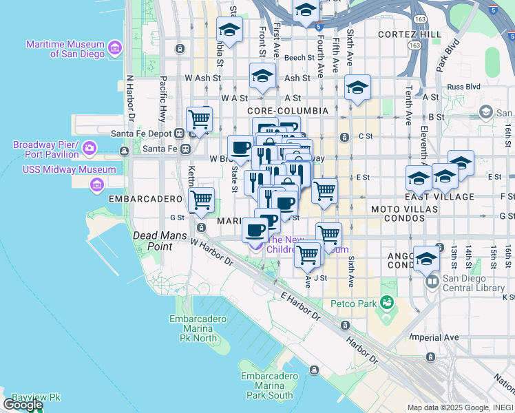 map of restaurants, bars, coffee shops, grocery stores, and more near 203 West F Street in San Diego